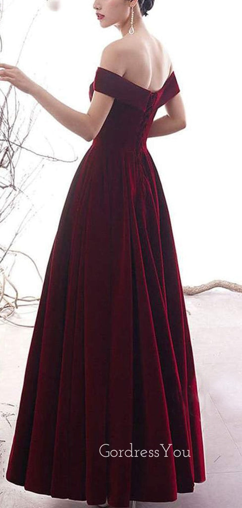 A-line Off-Shoulder Burgundy Velvet Long Evening Prom Dresses, Cheap Custom prom dresses, MR7528