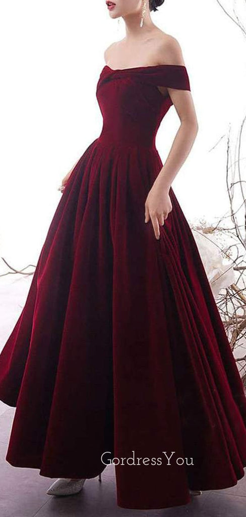 A-line Off-Shoulder Burgundy Velvet Long Evening Prom Dresses, Cheap Custom prom dresses, MR7528