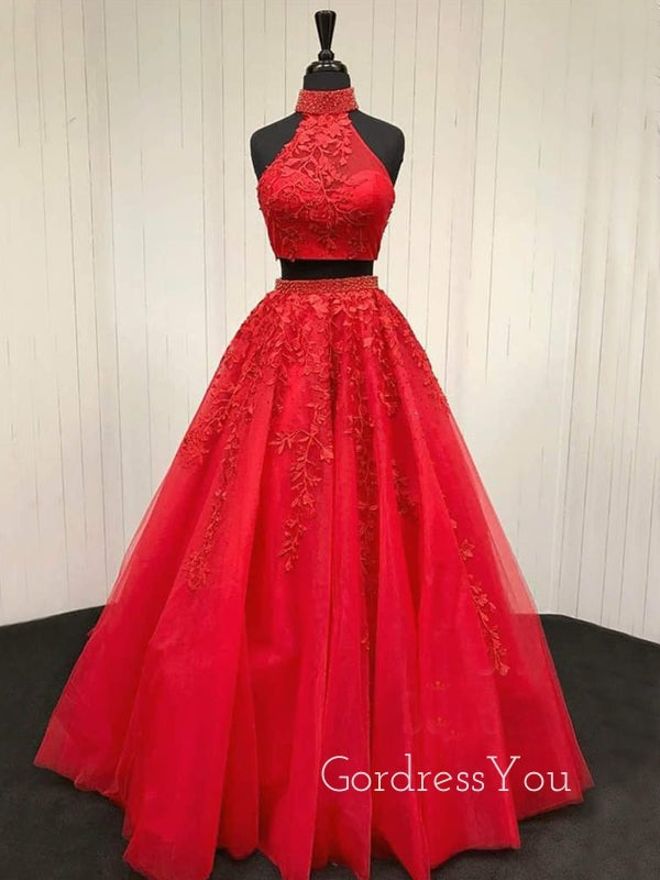 A-line High Neckline Beaded Tulle Appliques Two Piece Senior Halter Long Evening Prom Dresses, Cheap Custom Prom Dress, MR7529