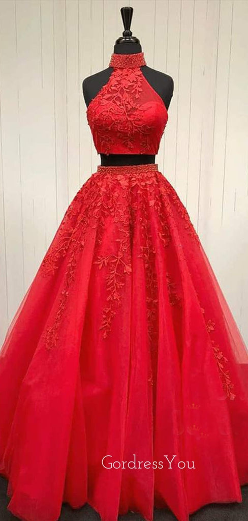 A-line High Neckline Beaded Tulle Appliques Two Piece Senior Halter Long Evening Prom Dresses, Cheap Custom Prom Dress, MR7529