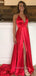 A-line Red stretch satin Spaghetti Straps V Neck side Slit Long Evening Prom Dresses, Cheap Custom Prom Dresses, MR7532