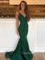 Green Elastic satin Spaghetti Straps mermaid Long Evening Prom Dresses, Cheap Custom Prom Dresses, MR7533