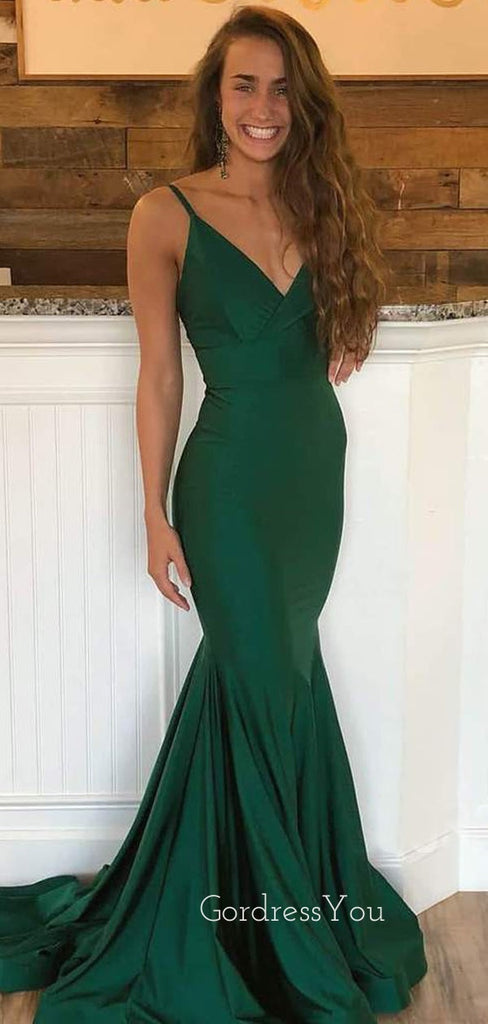 Green Elastic satin Spaghetti Straps mermaid Long Evening Prom Dresses, Cheap Custom Prom Dresses, MR7533