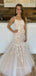 Applique Straps Champagne Tull Mermaid Lace Long Evening Prom Dresses, MR7541