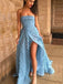 A-line Sky Blue 3D Lace Side Slit Long Evening Prom Dresses, Cheap Custom Prom Dress, MR7542