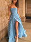 A-line Sky Blue 3D Lace Side Slit Long Evening Prom Dresses, Cheap Custom Prom Dress, MR7542