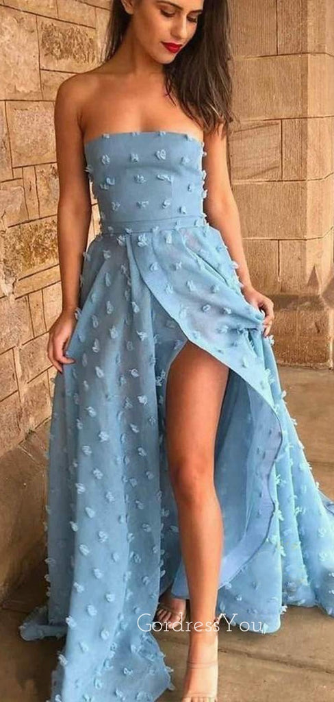 A-line Sky Blue 3D Lace Side Slit Long Evening Prom Dresses, Cheap Custom Prom Dress, MR7542