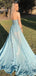 A-line Sky Blue 3D Lace Side Slit Long Evening Prom Dresses, Cheap Custom Prom Dress, MR7542