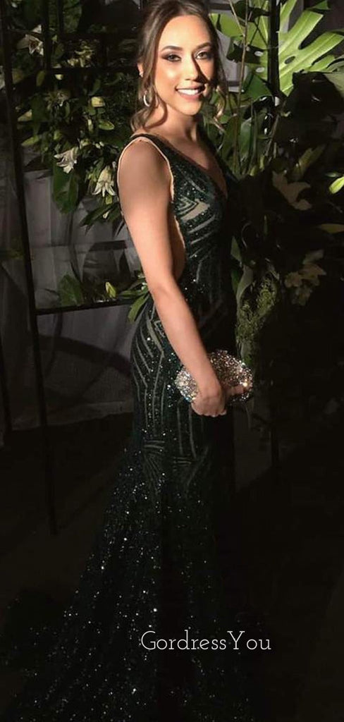 Green Sequin Mermaid V Neck Long Evening Prom Dresses, Cheap Custom Prom Dresses, MR7544