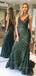 Green Sequin Mermaid V Neck Long Evening Prom Dresses, Cheap Custom Prom Dresses, MR7544