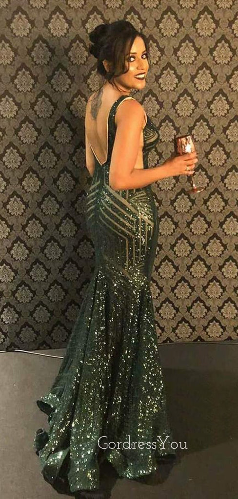 Green Sequin Mermaid V Neck Long Evening Prom Dresses, Cheap Custom Prom Dresses, MR7544