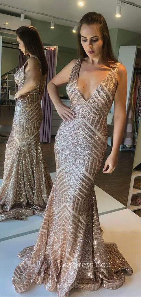 Green Sequin Mermaid V Neck Long Evening Prom Dresses, Cheap Custom Prom Dresses, MR7544