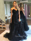 A-line V-neck Black Tulle Pleat Strapless Long Evening Prom Dresses, Cheap Custom Prom Dresses, MR7545