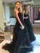 A-line V-neck Black Tulle Pleat Strapless Long Evening Prom Dresses, Cheap Custom Prom Dresses, MR7545