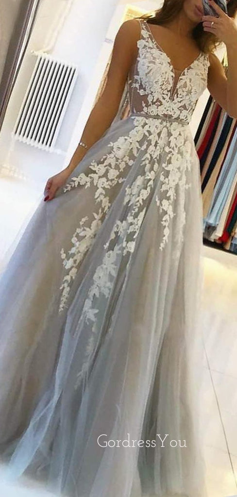 A-line V Neck Grey Tulle Appliques Lace Long Evening Prom Dresses, Cheap Custom Prom Dresses, MR7551