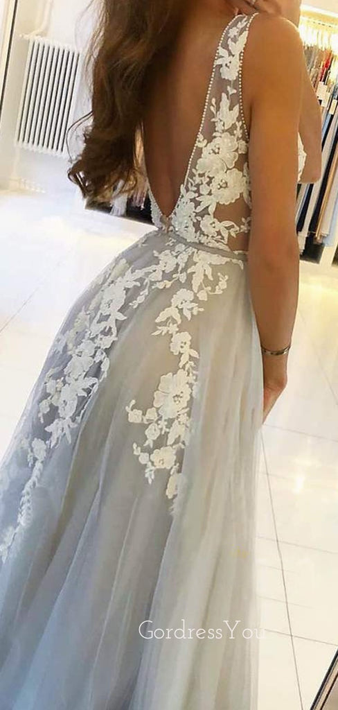 A-line V Neck Grey Tulle Appliques Lace Long Evening Prom Dresses, Cheap Custom Prom Dresses, MR7551