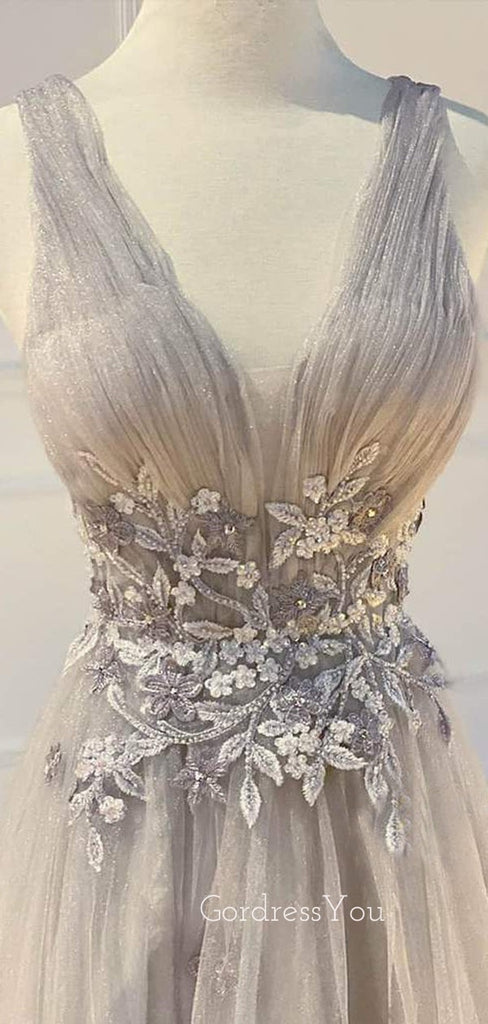 A-line Grey Tulle Appliques V Neck Long Evening Prom Dresses, Cheap Custom Prom Dresses, MR7553