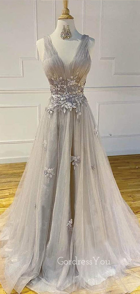 A-line Grey Tulle Appliques V Neck Long Evening Prom Dresses, Cheap Custom Prom Dresses, MR7553