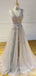 A-line Grey Tulle Appliques V Neck Long Evening Prom Dresses, Cheap Custom Prom Dresses, MR7553