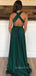 Deep V Neck Green Elastic Satin A-line Long Evening Prom Dresses, Cheap Custom Prom Dresses, MR7554