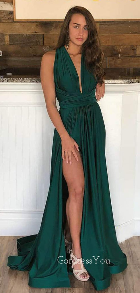 Deep V Neck Green Elastic Satin A-line Long Evening Prom Dresses, Cheap Custom Prom Dresses, MR7554