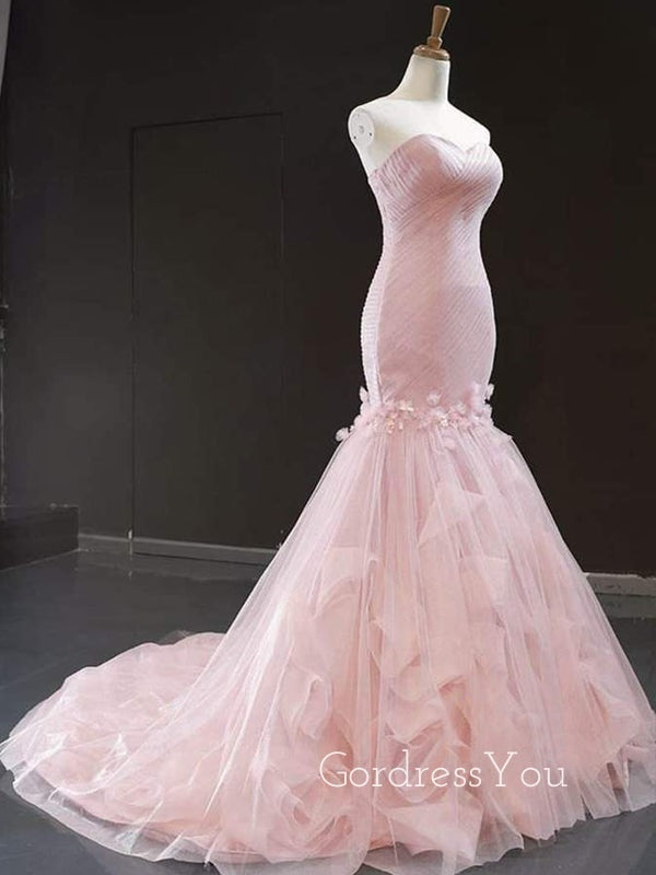 Pink Tulle Mermaid Sweetheart Ruffle Long Evening Prom Dresses, MR7558