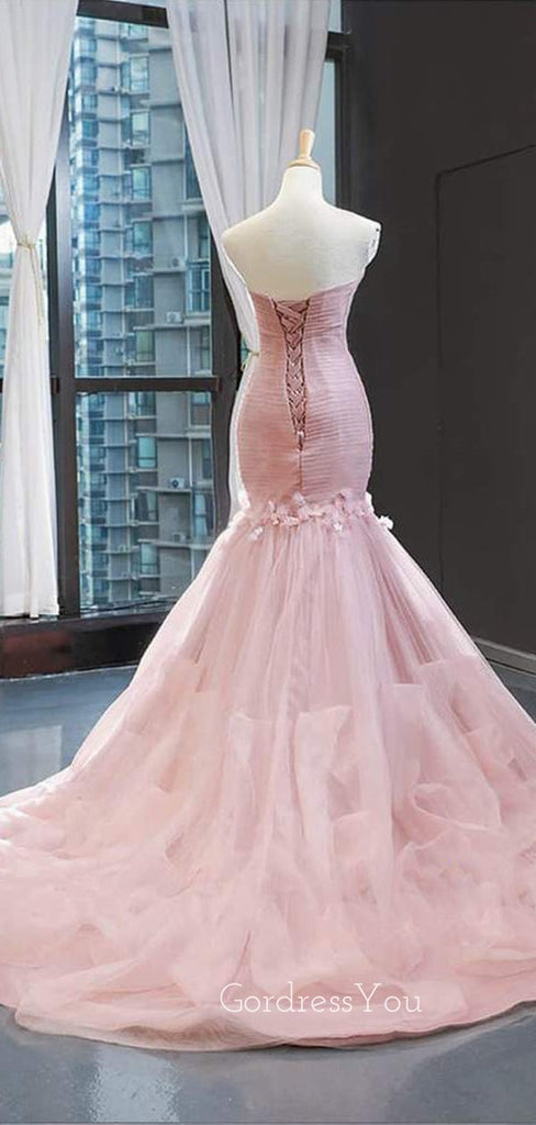 Pink Tulle Mermaid Sweetheart Ruffle Long Evening Prom Dresses, MR7558