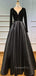 Burgundy Satin V Neck Velevt Long Sleeve A-line Long Evening Prom Dresses, Cheap Custom Prom Dresses, MR7560