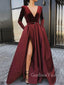 Burgundy Satin V Neck Velevt Long Sleeve A-line Long Evening Prom Dresses, Cheap Custom Prom Dresses, MR7560