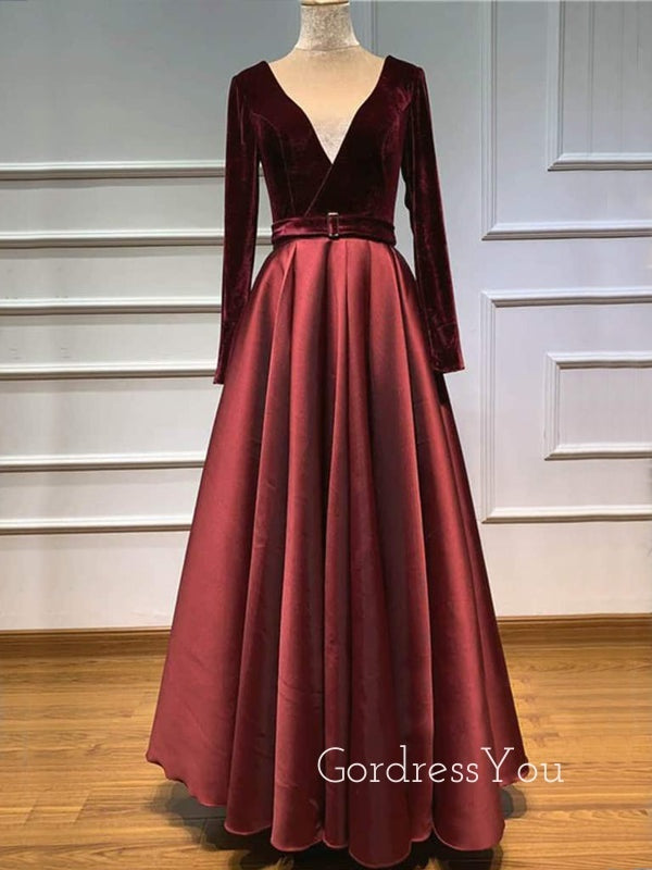 Burgundy Satin V Neck Velevt Long Sleeve A-line Long Evening Prom Dresses, Cheap Custom Prom Dresses, MR7560