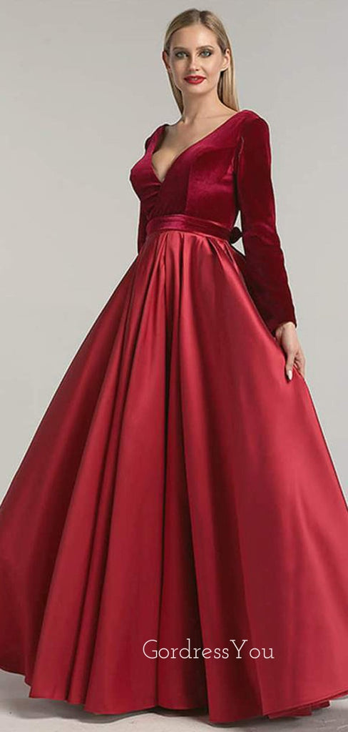 Burgundy Satin V Neck Velevt Long Sleeve A-line Long Evening Prom Dresses, Cheap Custom Prom Dresses, MR7560