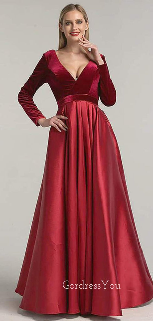 Burgundy Satin V Neck Velevt Long Sleeve A-line Long Evening Prom Dresses, Cheap Custom Prom Dresses, MR7560