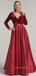 Burgundy Satin V Neck Velevt Long Sleeve A-line Long Evening Prom Dresses, Cheap Custom Prom Dresses, MR7560