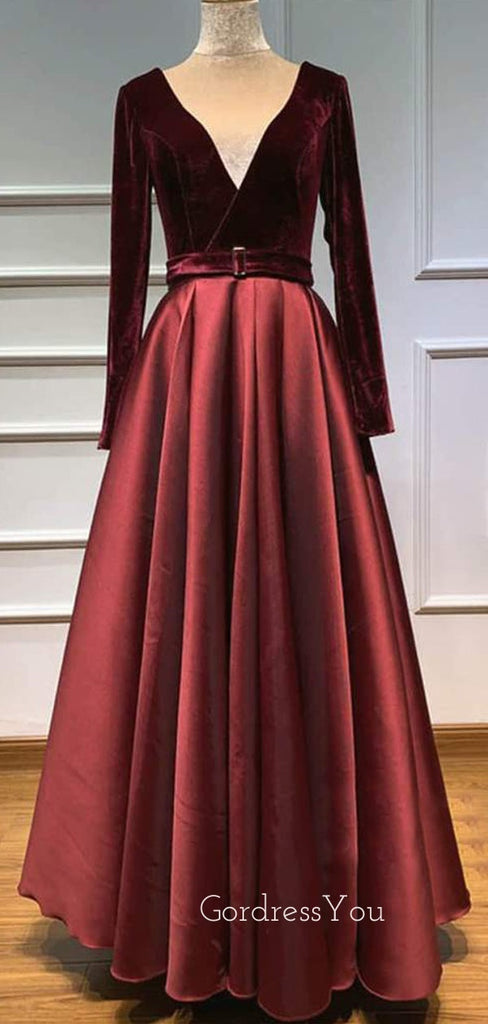 Burgundy Satin V Neck Velevt Long Sleeve A-line Long Evening Prom Dresses, Cheap Custom Prom Dresses, MR7560