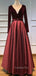 Burgundy Satin V Neck Velevt Long Sleeve A-line Long Evening Prom Dresses, Cheap Custom Prom Dresses, MR7560