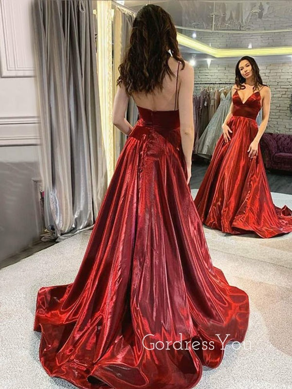 Burgundy Satin A-line Spaghetti Straps V Neck Simple Long Evening Prom Dresses, Cheap Custom prom dresses, MR7562