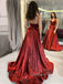 Burgundy Satin A-line Spaghetti Straps V Neck Simple Long Evening Prom Dresses, Cheap Custom prom dresses, MR7562