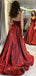 Burgundy Satin A-line Spaghetti Straps V Neck Simple Long Evening Prom Dresses, Cheap Custom prom dresses, MR7562