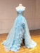 Sky Blue Tulle Strapless 3D Appliques A-line Long Evening Prom Dresses, MR7563