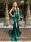 Mermaid Green Satin Spaghetti Straps Long Backless Evening Prom Dresses, Cheap Custom prom dresses, MR7564