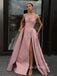 A-Line Pink Satin Beaded Long Side Slit Evening Prom Dresses, Cheap Custom prom dresses, MR7575