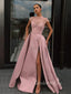 A-Line Pink Satin Beaded Long Side Slit Evening Prom Dresses, Cheap Custom prom dresses, MR7575