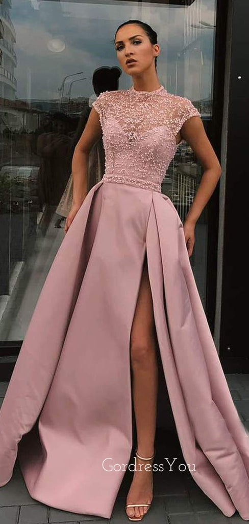 A-Line Pink Satin Beaded Long Side Slit Evening Prom Dresses, Cheap Custom prom dresses, MR7575