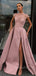 A-Line Pink Satin Beaded Long Side Slit Evening Prom Dresses, Cheap Custom prom dresses, MR7575