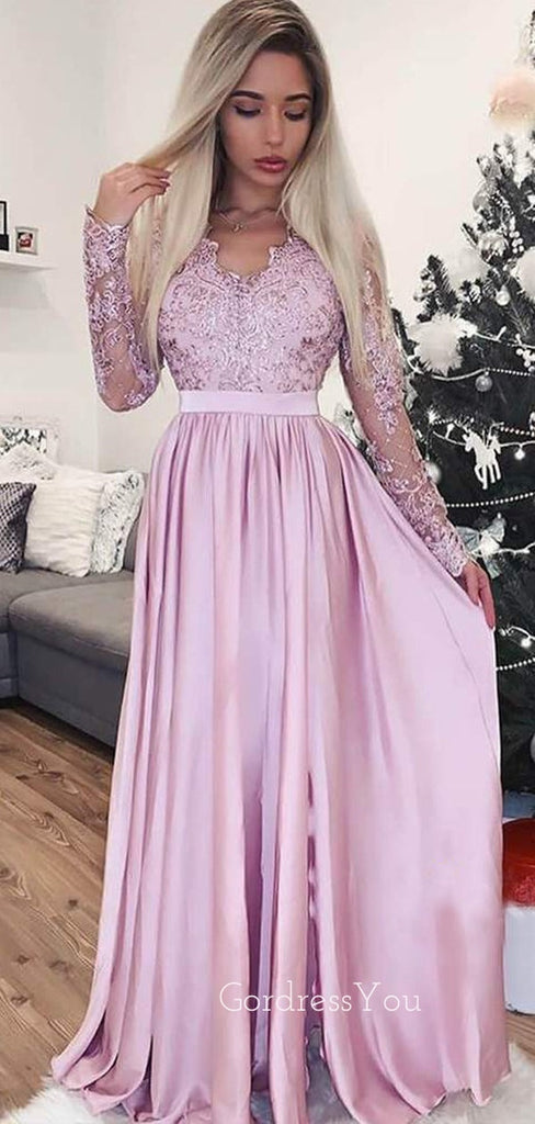 A-line V Neck Black Chiffon Long Sleeves Long Evening Prom Dresses, Cheap Custom Prom Dresses, MR7578