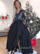 A-line V Neck Black Chiffon Long Sleeves Long Evening Prom Dresses, Cheap Custom Prom Dresses, MR7578