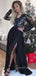 A-line V Neck Black Chiffon Long Sleeves Long Evening Prom Dresses, Cheap Custom Prom Dresses, MR7578