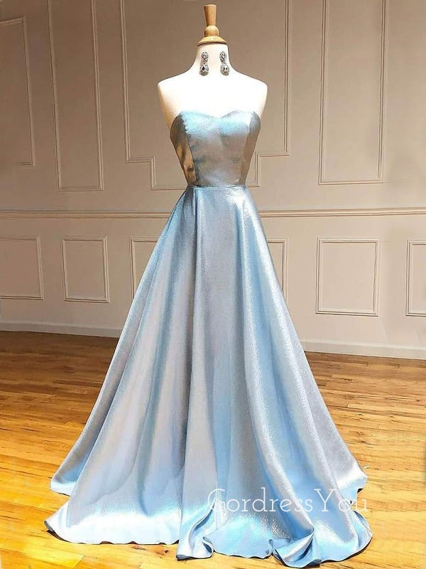 Sweetheart Sky Blue Satin A-line Simple Sparkly Long Evening Prom Dresses, Cheap Custom Prom Dress, MR7584