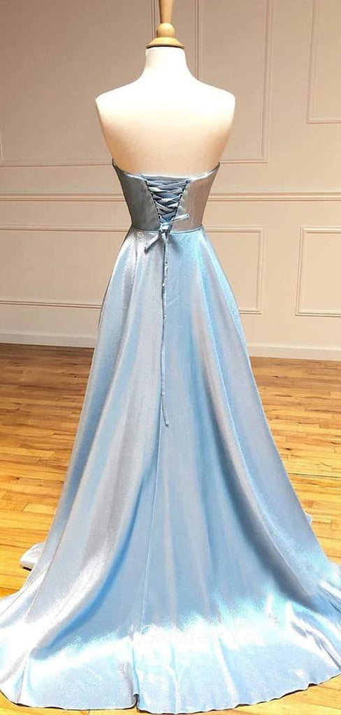 Sweetheart Sky Blue Satin A-line Simple Sparkly Long Evening Prom Dresses, Cheap Custom Prom Dress, MR7584