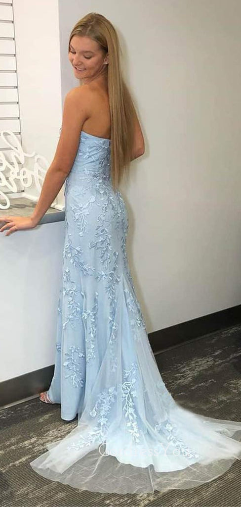 Sky Blue Tulle Appliques Strapless Mermaid Lace Long Evening Prom Dresses, MR7589